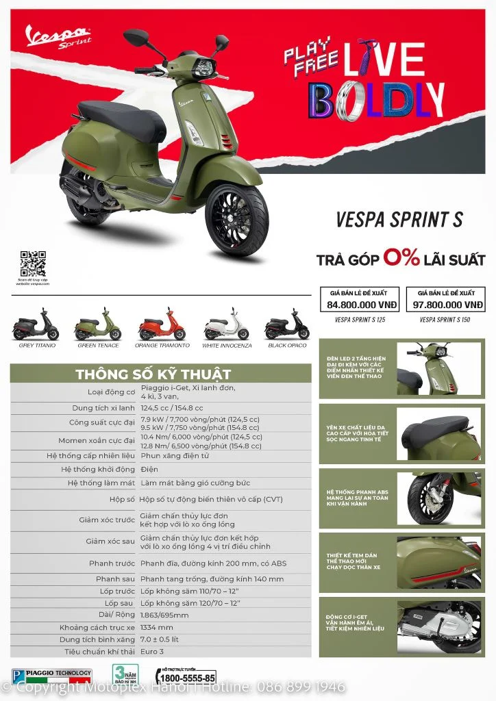 Vespa Sprint S 150 - 2024 Hiện đại, Thời trang. Bảo Hành 3 năm. - Motoplex Hanoi